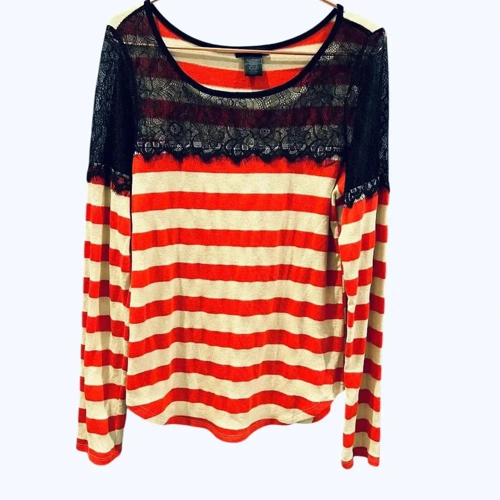 New Red and Cream striped blouse with lace size L